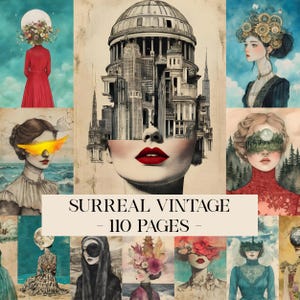 Może przedstawiać: Kolekcja surrealistycznych, zabytkowych grafik. Obrazy przedstawiają portrety z elementami architektonicznymi i naturalnymi. Tekst "SURREAL VINTAGE - 110 PAGES -" jest wyświetlany w kremowym prostokącie.