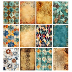 May include: A collection of twelve digital art prints featuring various designs. The prints showcase diverse patterns, including floral motifs, compasses, geometric shapes, and abstract textures. The color palette includes shades of blue, brown, gold, and teal, creating a vintage or antique aesthetic.