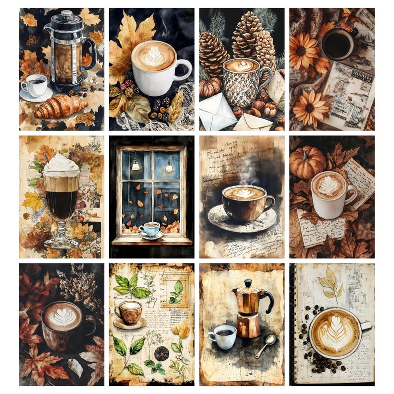 May include: A collection of watercolor art prints featuring coffee and autumn themes. Each print showcases coffee cups, latte art, and related items like croissants, leaves, and pumpkins. The color palette includes warm browns, oranges, and creams, evoking a cozy, seasonal atmosphere.