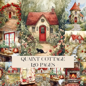 May include: A collage of watercolor illustrations featuring quaint cottages with red roofs and doors, surrounded by lush gardens. A black cat sits near the entrance of one cottage. The text "QUAINT COTTAGE - 120 PAGES -" is displayed at the bottom.