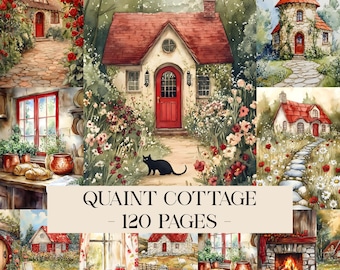 May include: A collection of watercolour illustrations depicting charming cottages with red roofs and doors, set amidst vibrant gardens. A black cat is positioned near the entrance of one cottage. The text "QUAINT COTTAGE - 120 PAGES -" is displayed at the bottom.