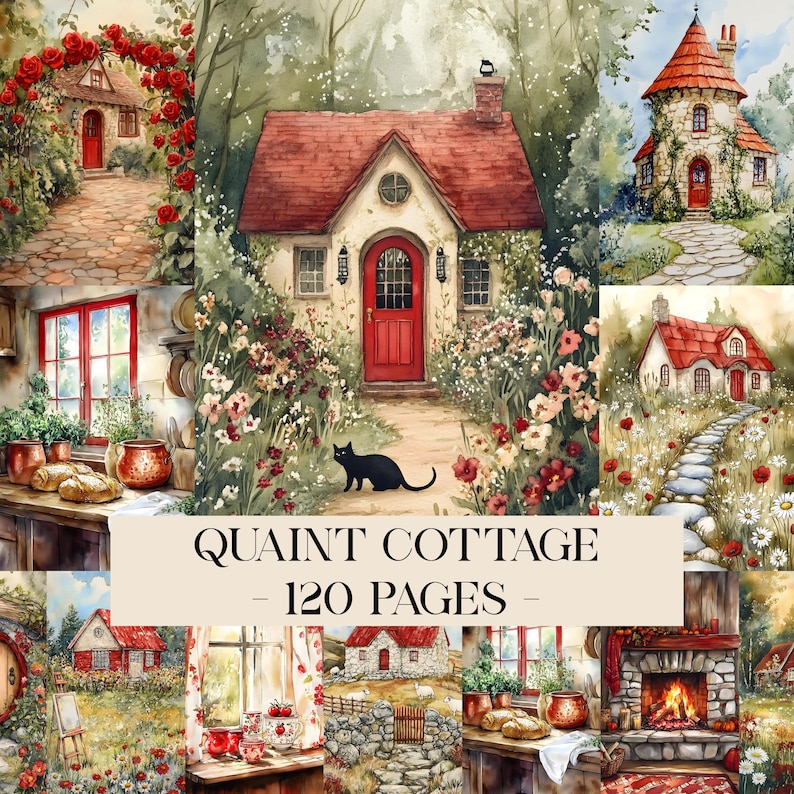 May include: A collage of watercolor illustrations featuring quaint cottages with red roofs and doors, surrounded by lush gardens. A black cat sits near the entrance of one cottage. The text "QUAINT COTTAGE - 120 PAGES -" is displayed at the bottom.