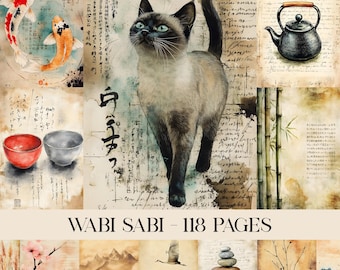 May include: A collage featuring a Siamese cat, koi fish, tea set, and other Japanese-inspired imagery. The text "WABI SABI - 118 PAGES" is displayed at the bottom. The artwork has a vintage, textured appearance with a neutral color palette.