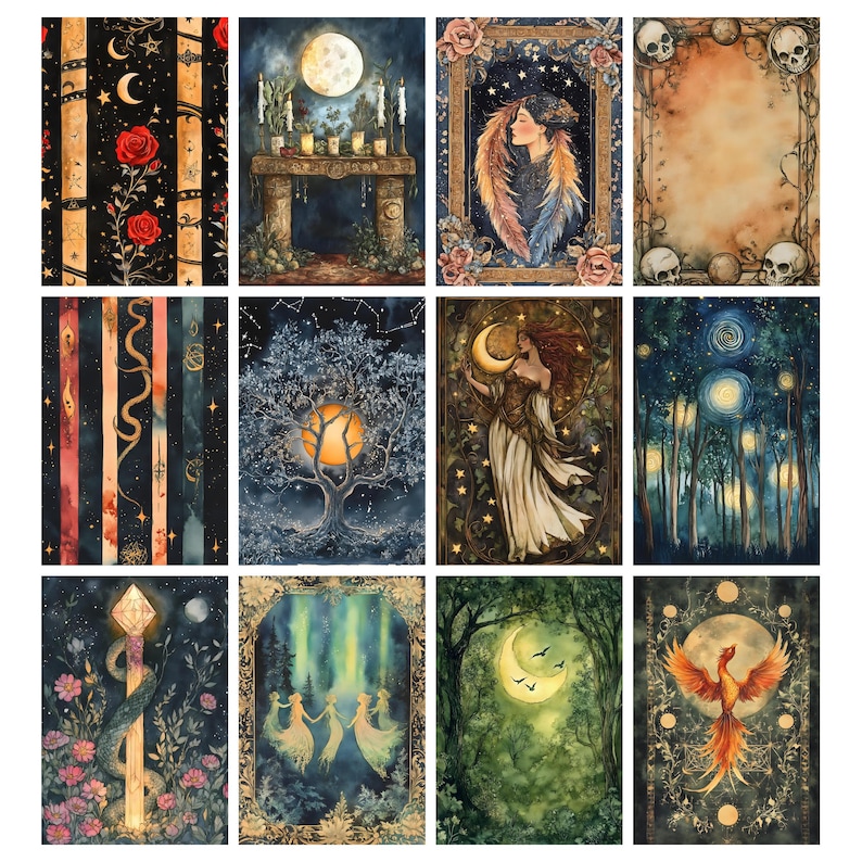 May include: A collection of twelve watercolor art prints featuring mystical and celestial themes. The prints showcase imagery such as moons, stars, roses, snakes, trees, and figures, in a variety of colors including black, blue, gold, and red.
