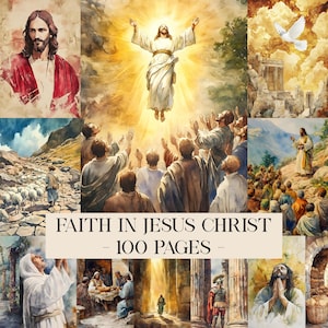 Könnte beinhalten: Eine Collage aus Aquarellmalereien, die Szenen aus der Bibel darstellen. Das zentrale Bild zeigt Jesus, der in den Himmel aufsteigt. Weitere Bilder zeigen Jesus mit Anhängern, einen Hirten mit Schafen und den Text "FAITH IN JESUS CHRIST - 100 PAGES".