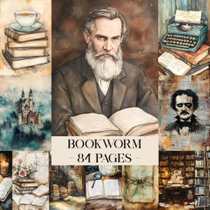 May include: A collection of watercolour illustrations with a literary theme. Features a portrait of a man with a long white beard, stacks of books, a castle, a typewriter, and the text "BOOKWORM - 84 PAGES".