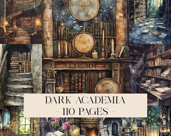 Puede incluir: Un collage de ilustraciones en acuarela que representan una temática de dark academia. Las imágenes muestran bibliotecas, escaleras, globos terráqueos y mapas celestes. El texto "DARK ACADEMIA - 110 PAGES -" se muestra en el centro.
