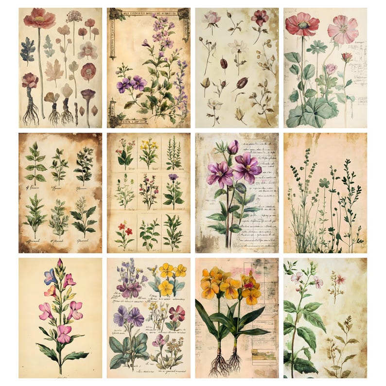 May include: A collection of twelve botanical prints featuring various flowers and plants. The prints showcase detailed illustrations in shades of red, purple, yellow, and green, set against a vintage, aged paper background. The prints are arranged in a grid.