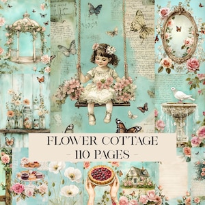 Peut inclure: Un collage d'illustrations de style vintage représentant un enfant sur une balançoire, un kiosque, une fontaine à oiseaux, des papillons, des roses et une tarte aux baies. Le texte FLOWER COTTAGE - 110 PAGES est centré sur un fond bleu sarcelle.