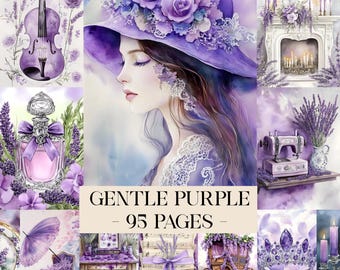 Gentle Purple Printable Pages, Lavender Journal, Junk Journal Kit, Scrapbook Printable, Printable Paper, Digital Collage, Digital Download