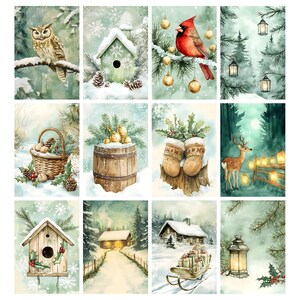 以下が含まれることがあります： 水彩画の冬の風景のイラスト。雪の枝にとまるフクロウ、鳥小屋、赤いカージナル、森の中のランタン、ナッツのバスケット、装飾品付きの木樽、ミトン、鹿、小屋、ランタンが含まれています。