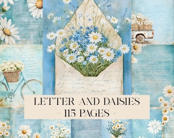 Letter and Daisies Junk Journal Pages, Digital Daisy Background, Spring Ephemera, Scrapbook Printable Paper, Digital Collage, Spring Pages