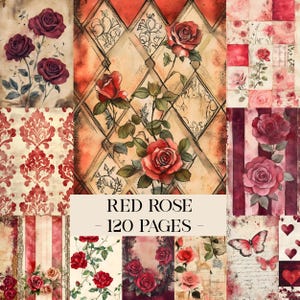 May include: A collage of vintage-style papers featuring red roses and floral patterns. The image includes various designs, such as damask, diamond patterns, and striped backgrounds. The text "RED ROSE - 120 PAGES" is displayed.