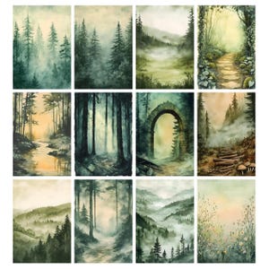 May include: A collection of twelve watercolor paintings depicting serene forest landscapes. Each piece showcases misty scenes with tall trees, pathways, and natural arches, rendered in shades of green, blue, and yellow.