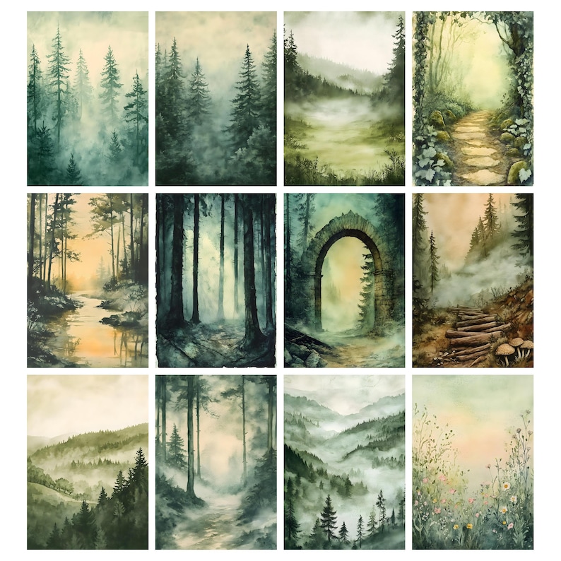 May include: A collection of twelve watercolor paintings depicting serene forest landscapes. Each piece showcases misty scenes with tall trees, pathways, and natural arches, rendered in shades of green, blue, and yellow.
