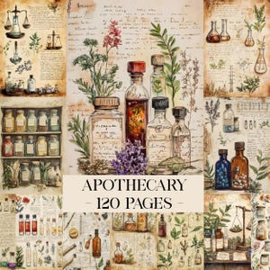 May include: Apothecary-themed artwork featuring vintage glass bottles, jars, and vials filled with colorful liquids and herbs. The image includes text that reads "APOTHECARY - 120 PAGES". The background is a parchment-style paper with handwritten notes and botanical illustrations.