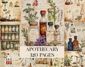 May include: Apothecary-themed artwork featuring vintage glass bottles, jars, and vials filled with colorful liquids and herbs. The image includes text that reads "APOTHECARY - 120 PAGES". The background is a parchment-style paper with handwritten notes and botanical illustrations.