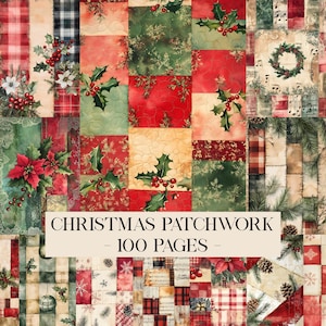 Op de afbeelding: Een patchwork ontwerp met kerstpatronen. Het ontwerp bevat hulst, poinsettia's, ruitjes en muzieknoten in rood, groen en crèmekleur. De tekst "CHRISTMAS PATCHWORK - 100 PAGES -" wordt weergegeven.