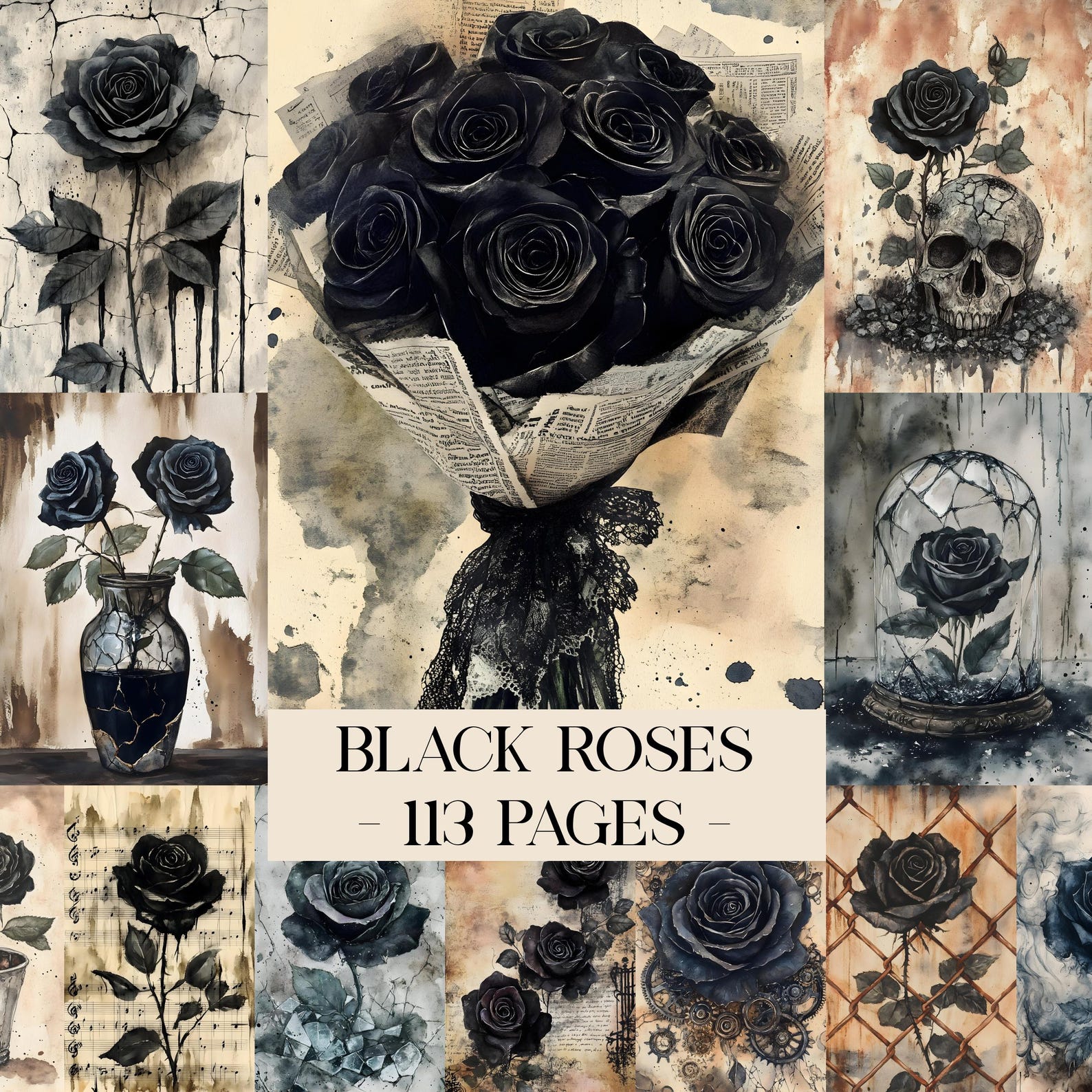 Black Roses Junk Journal Pages, Digital Scrapbook Paper Kit, Gothic ...