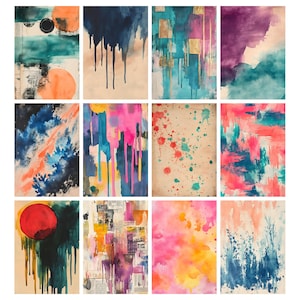 Puede incluir: Una colecci&oacute;n de doce pinturas abstractas en acuarela. Cada pieza presenta una mezcla &uacute;nica de colores, incluyendo azules, rosas, naranjas y verdes, con diversas texturas y patrones. Algunas tienen goteos, salpicaduras y formas geom&eacute;tricas.