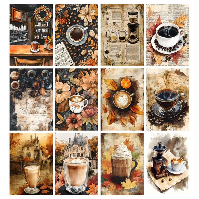 May include: A collection of watercolor illustrations featuring coffee and cafe scenes. Images include coffee cups, lattes, and a coffee shop interior. Autumn leaves and floral elements are also present, creating a warm, inviting aesthetic.