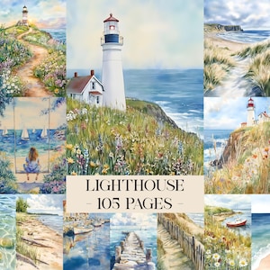 Lighthouse Junk Journal Kit, Watercolor Lighthouse Printable Pages, Nautical Scrapbooking Papers, Digital Sea Collage Sheet, Ocean Ephemera
