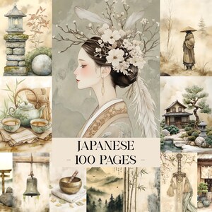 Japanese Digital Papers, Japan Junk Journal Pages, Japan Pages, Asian Paper, Wabi Sabi Japanese Style, Zen Garden Scrapbook Papers Ephemera