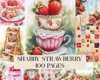 Shabby Strawberry Junk Journal Kit, Strawberries Junk Journal, Garden Journal, Digital Strawberry Scrapbook Pages, Junk Journal Printable