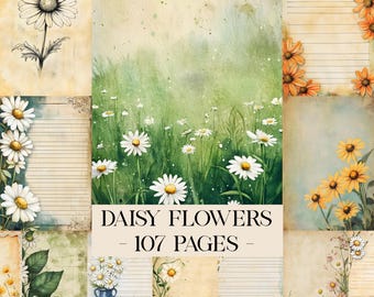 Daisy Flower Junk Journal Kit, Vintage Printable Scrapbook, Cottagecore Floral Daisy Ephemera Digital Botanical Printable Set Floral Journal