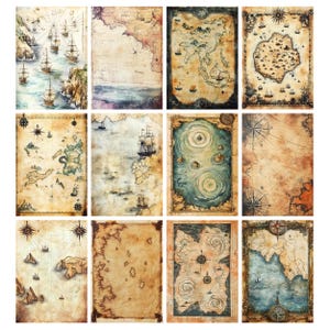 May include: A collection of twelve vintage-style nautical maps. Each map features detailed illustrations of ships, compass roses, and landmasses, with a weathered, aged appearance. The color palette includes shades of brown, beige, blue, and green.
