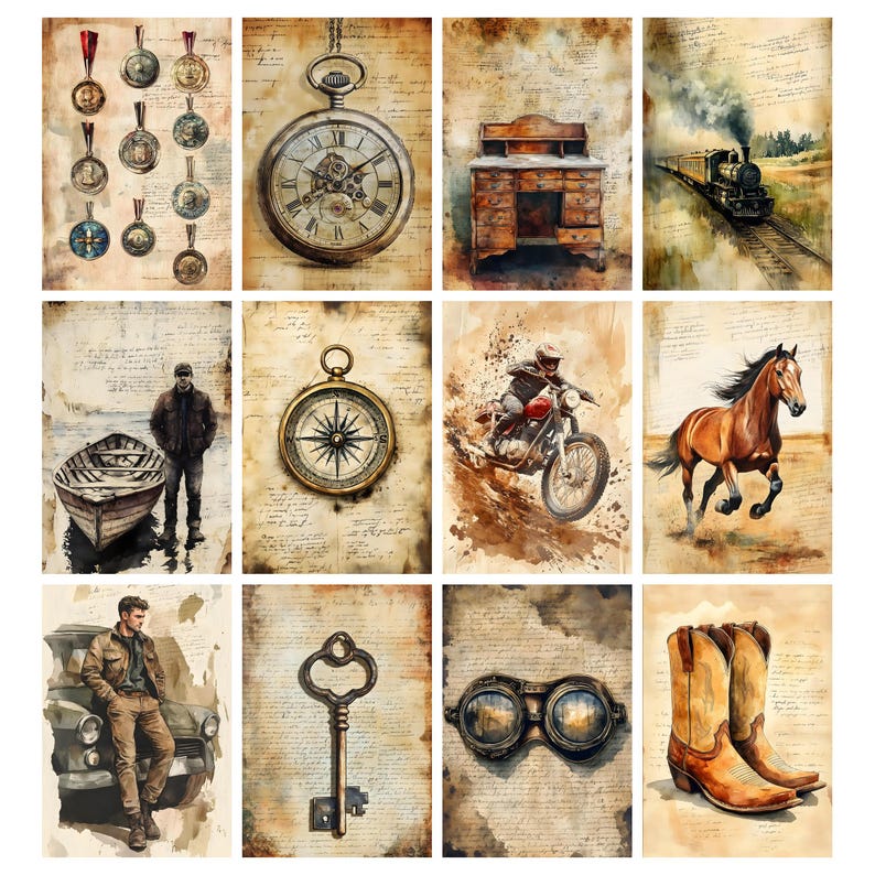 K&ouml;nnte beinhalten: Eine Sammlung von Aquarelldrucken im Vintage-Stil mit verschiedenen antiken Objekten. Die Drucke zeigen eine Taschenuhr, Medaillen, einen Schreibtisch, einen Zug, ein Boot, einen Kompass, ein Motorrad, ein Pferd, einen Schl&uuml;ssel, eine Brille und Cowboy-Stiefel.