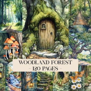 Op de afbeelding: Een aquarel illustratie met een bos thema. De afbeelding bevat een houten deur in een boom, een brug over een beek, paddenstoelen en de tekst "WOODLAND FOREST - 120 PAGES".