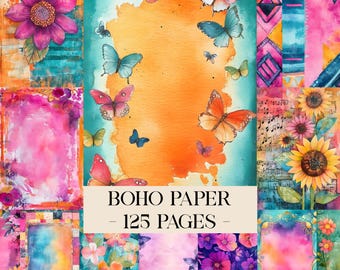 May include: A collection of colorful boho-themed paper designs. The image features watercolor illustrations of butterflies, flowers, and abstract patterns in shades of pink, orange, blue, and purple. Text reads "BOHO PAPER - 125 PAGES".