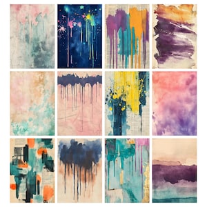 Puede incluir: Una colecci&oacute;n de doce pinturas abstractas en acuarela. Cada pieza presenta una mezcla &uacute;nica de colores, incluyendo azules, rosas, amarillos y morados, con efectos de goteo y salpicaduras. Las obras de arte est&aacute;n sobre papel texturizado, creando una est&eacute;tica vintage.