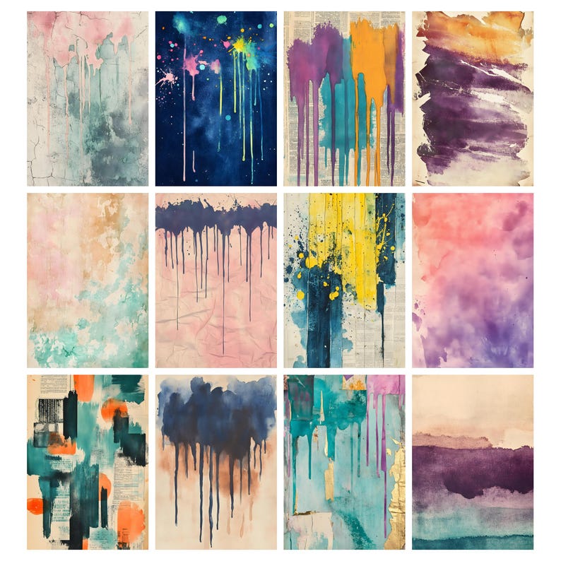 Puede incluir: Una colecci&oacute;n de doce pinturas abstractas en acuarela. Cada pieza presenta una mezcla &uacute;nica de colores, incluyendo azules, rosas, amarillos y morados, con efectos de goteo y salpicaduras. Las obras de arte est&aacute;n sobre papel texturizado, creando una est&eacute;tica vintage.