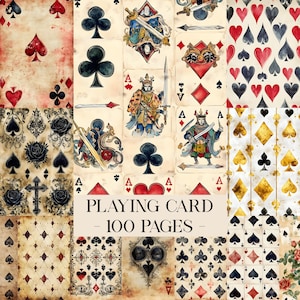 May include: A collage of playing cards with various designs and suits, including spades, hearts, clubs, and diamonds. Some cards feature illustrations of kings and other figures. The text "PLAYING CARD - 100 PAGES -" is displayed in the center.