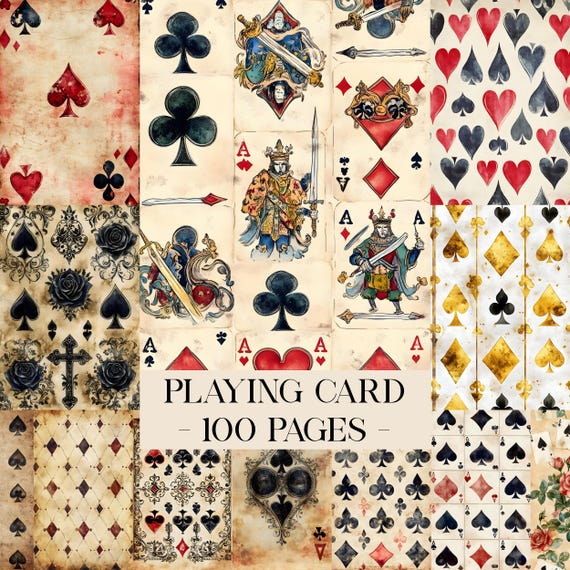 Vintage Playing Cards Ephemera, Poker Digital, Playing Card Digital, Printable Grunge Paper, Card Junk Journal Pages, Background Pages