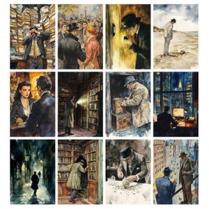 May include: A collection of watercolor illustrations depicting scenes of mystery and investigation. The images feature figures in classic detective attire, exploring crime scenes, libraries, and cityscapes. The color palette is muted, with a focus on shadows and dramatic lighting.