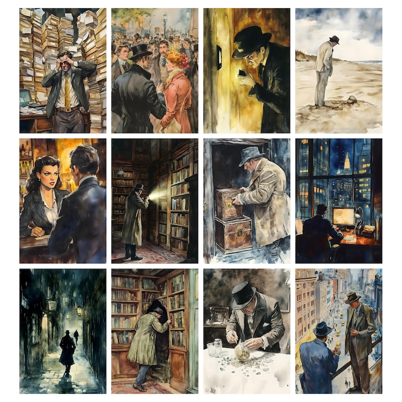 May include: A collection of watercolor illustrations depicting scenes of mystery and investigation. The images feature figures in classic detective attire, exploring crime scenes, libraries, and cityscapes. The color palette is muted, with a focus on shadows and dramatic lighting.
