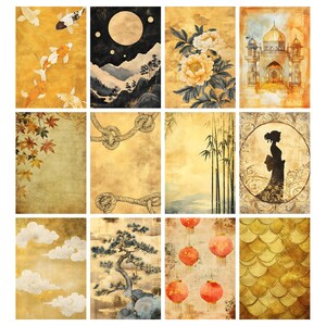 May include: A collection of twelve rectangular art prints featuring various Asian-inspired designs. The prints showcase images of koi fish, a full moon over mountains, peonies, a temple, autumn leaves, rope knots, bamboo, a geisha, clouds, a bonsai tree, lanterns, and fish scales.