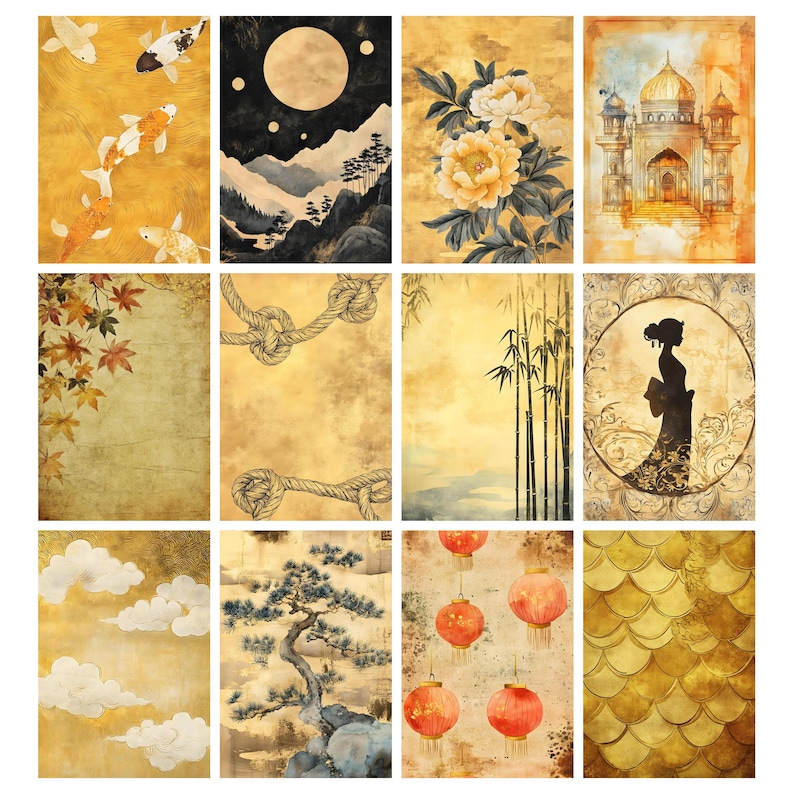 May include: A collection of twelve rectangular art prints featuring various Asian-inspired designs. The prints showcase images of koi fish, a full moon over mountains, peonies, a temple, autumn leaves, rope knots, bamboo, a geisha, clouds, a bonsai tree, lanterns, and fish scales.
