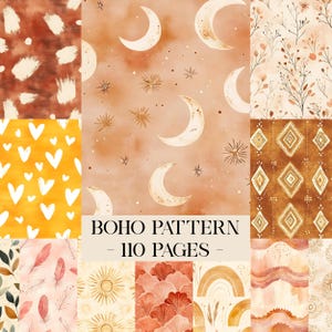 Può includere: Una collezione di motivi boho ad acquerello nei toni dell'arancione, pesca e marrone. I motivi includono lune, stelle, cuori, piume e disegni floreali. Il testo "BOHO PATTERN - 110 PAGES -" è visualizzato al centro dell'immagine.