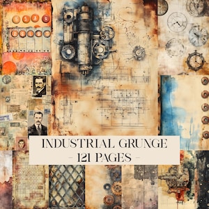 May include: A collection of vintage papers with a steampunk theme. The image features gears, clock faces, and blueprints, with portraits and the text "INDUSTRIAL GRUNGE - 121 PAGES". The colour palette includes browns, oranges, and blues, creating a distressed, aged aesthetic.