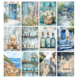 May include: A collection of watercolor paintings featuring various scenes. The images include a blue door, flowers, a basket of daisies, a fountain, a teddy bear, shelves with jars, bottles, a coastal town, and a swing.
