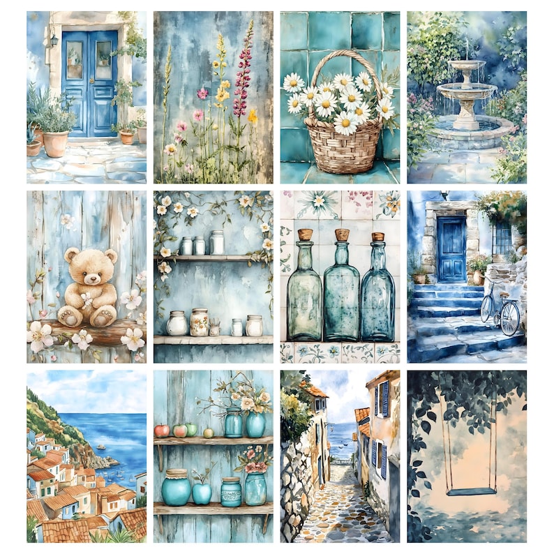 May include: A collection of watercolor paintings featuring various scenes. The images include a blue door, flowers, a basket of daisies, a fountain, a teddy bear, shelves with jars, bottles, a coastal town, and a swing.