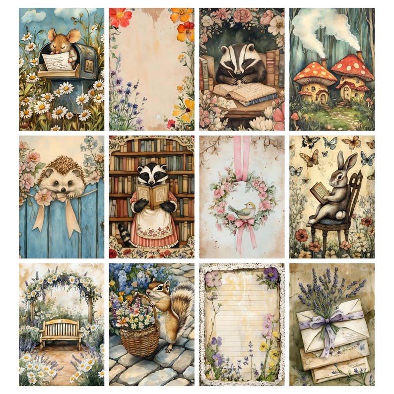 May include: A collection of twelve watercolor illustrations featuring woodland creatures and floral elements. Scenes include a mouse reading mail, a badger reading books, and a rabbit reading. The illustrations have a vintage, storybook aesthetic.