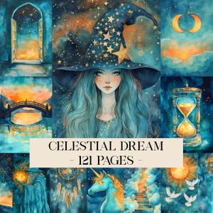 Puede incluir: Un collage de arte digital con temática celestial. Presenta a una mujer con cabello azul y un sombrero de bruja adornado con estrellas. Se muestra el texto "CELESTIAL DREAM - 121 PAGES". Otros elementos incluyen lunas, un puente y un unicornio.