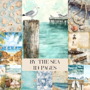 Peut inclure: Collage à l'aquarelle sur le thème côtier. Comprend une mouette perchée sur un pieu en bois, une jetée avec des mouettes, des coquillages, un phare et le texte "BY THE SEA - 113 PAGES". Inclut des scènes de plage et des éléments nautiques.