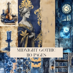 Może przedstawiać: Kolaż z akwarelowymi ilustracjami o tematyce gotyckiej. Obrazy obejmują skrzypce, świece, kobietę w sukni, wieżę zegarową i dekoracyjne wzory w odcieniach niebieskiego, złotego i beżowego. Tekst brzmi "Midnight Gothic - 110 stron".