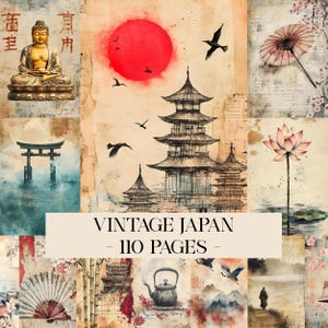 Puede incluir: Un collage de ilustraciones vintage con temática japonesa. La obra de arte incluye una pagoda, un sol rojo, pájaros, una flor de loto, una estatua de Buda y una puerta tradicional japonesa. Se muestra el texto "VINTAGE JAPAN - 110 PAGES".